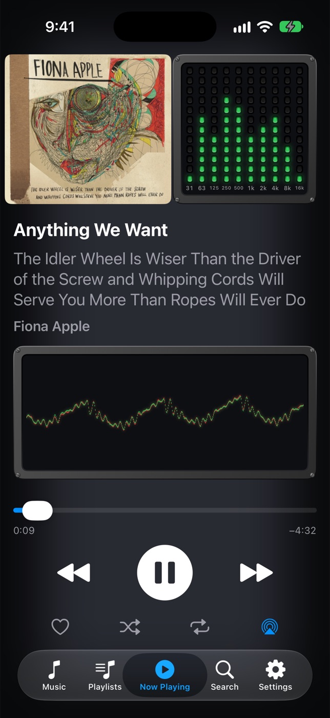 Now Playing on iPhone: the album title The Idler Wheel Is Wiser Than the Driver of the Screw and Whipping Cords Will Serve You More Than Ropes Will Ever Do, shown in full