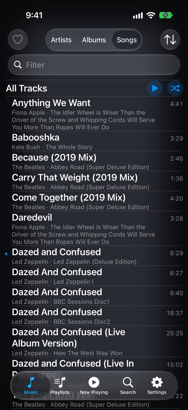 The phone's song list: dense rows, every version of Dazed and Confused with its album
