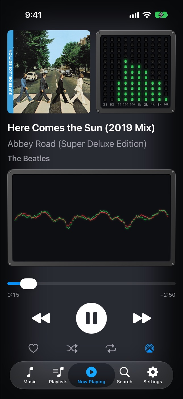Now Playing: Here Comes the Sun (2019 Mix) from Abbey Road (Super Deluxe Edition), the analyzer lit