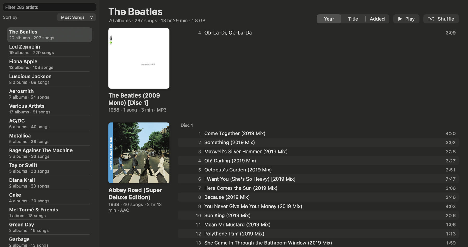 Artists sorted by most songs, with The Beatles' albums and Abbey Road (Super Deluxe Edition)'s tracks