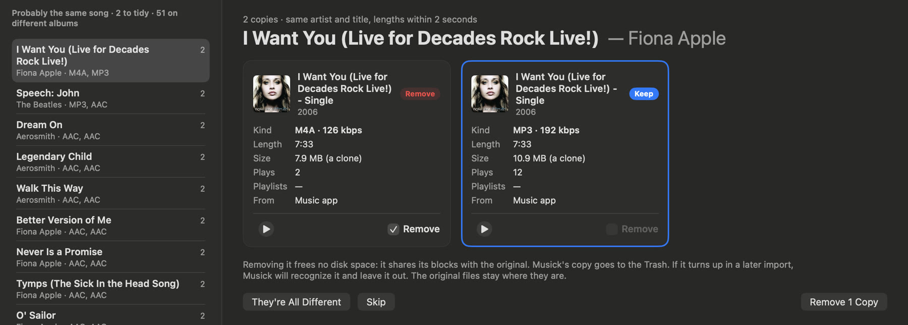 Cleanup's Duplicates: two copies of a song side by side, with format, bitrate, plays and which to keep