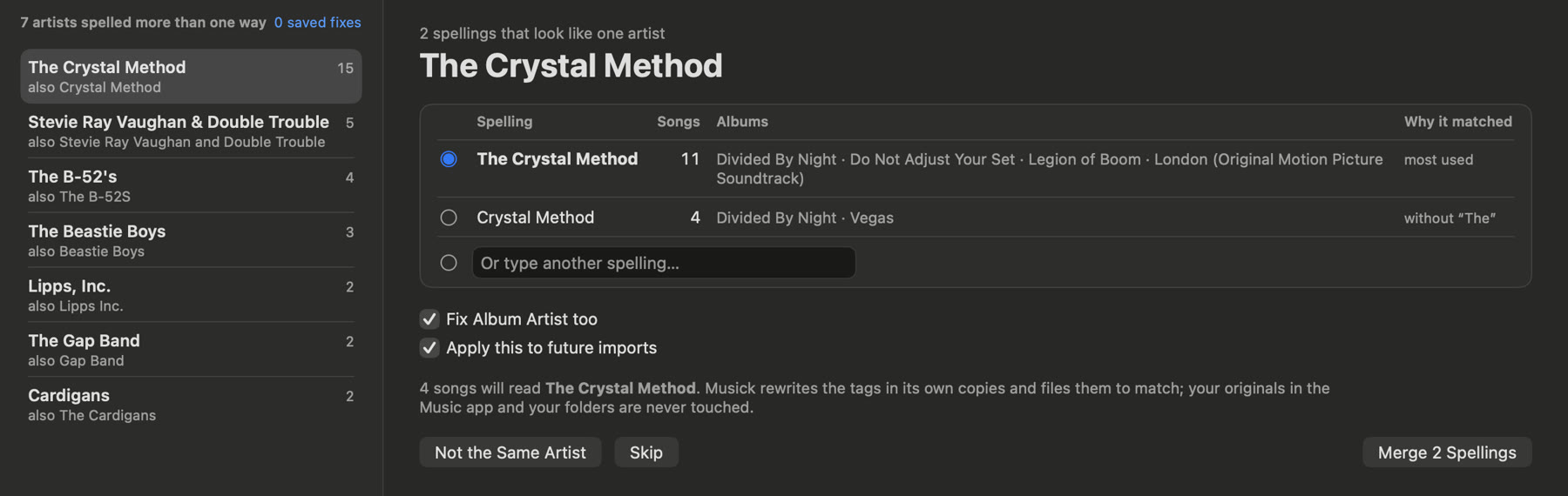 Cleanup's Artist Names: The Crystal Method and Crystal Method, with their songs and albums, ready to merge