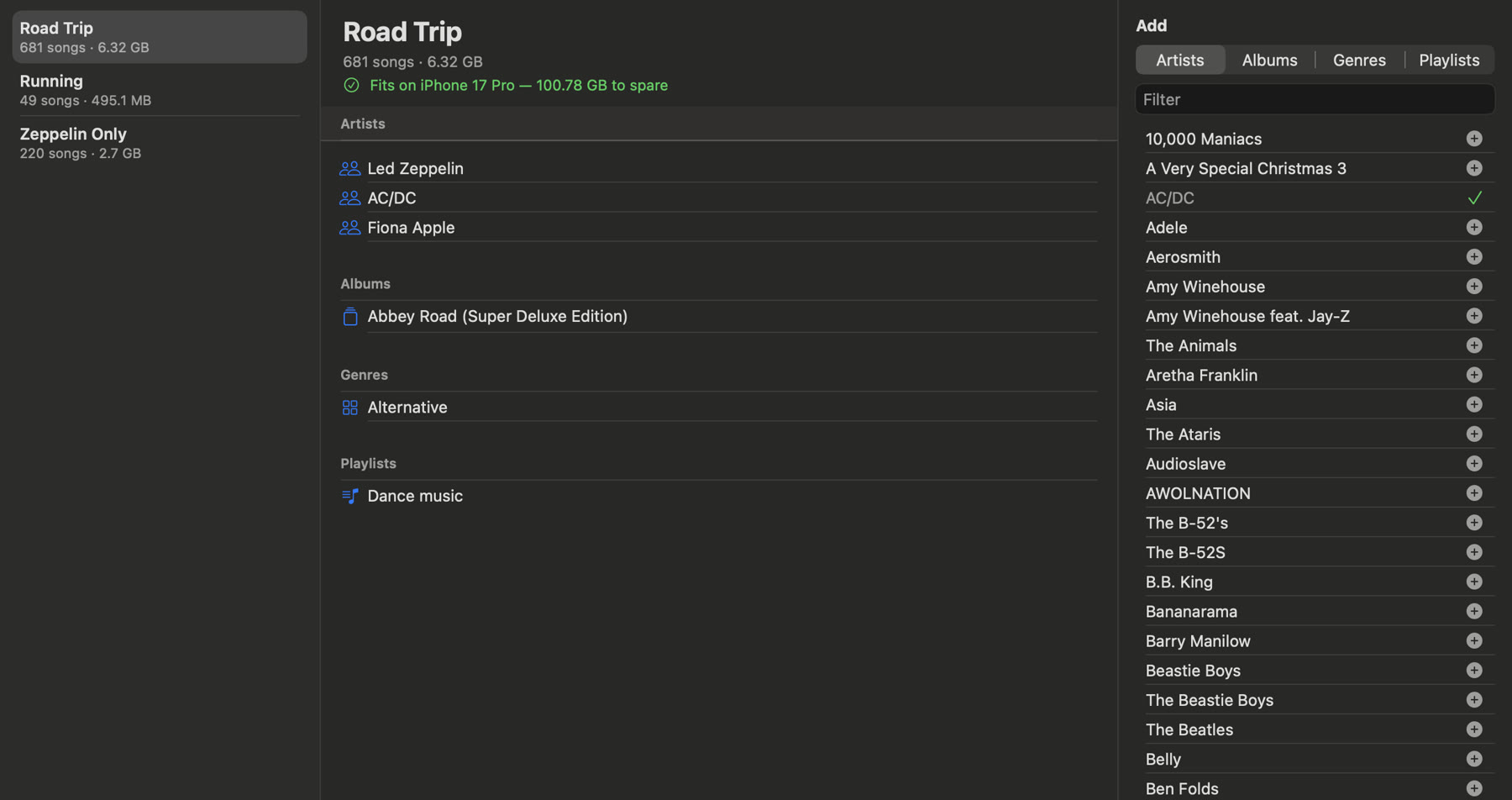 The Road Trip manifest: three artists, an album, a genre and a playlist, 681 songs that fit on the phone