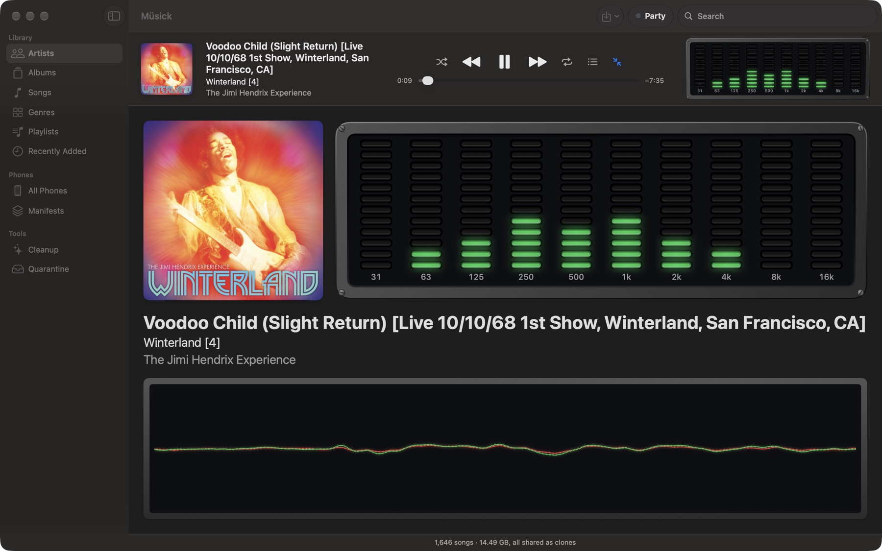 The large Now Playing: Winterland's album art, a ten-band spectrum analyzer, the full live title, and an oscilloscope