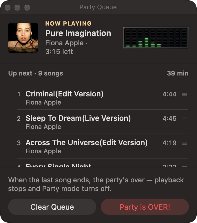 The Party Queue window: now playing, nine songs up next, Clear Queue and Party is OVER!