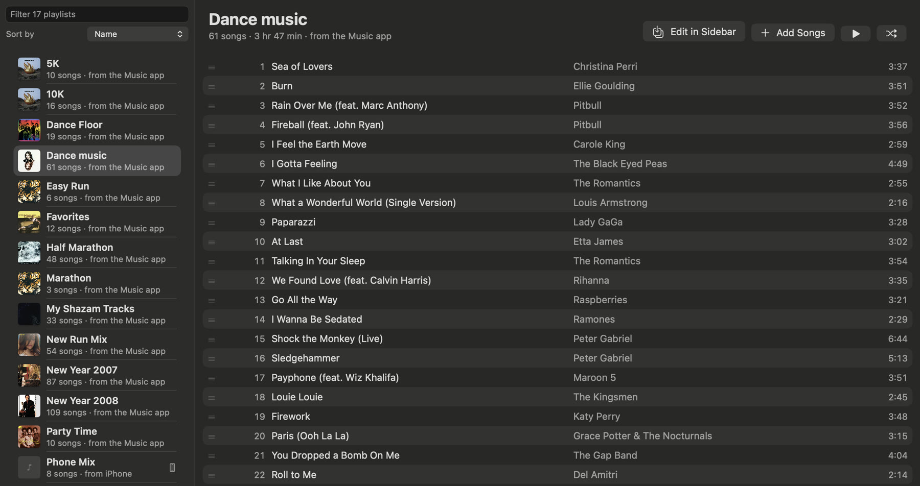 A playlist of 61 songs from the Music app, with Edit in Sidebar and Add Songs