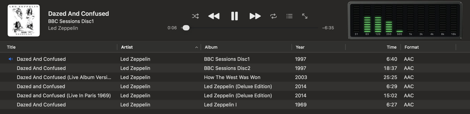 Searching for Dazed and Confused finds six versions, told apart by album, year, length, format and bitrate